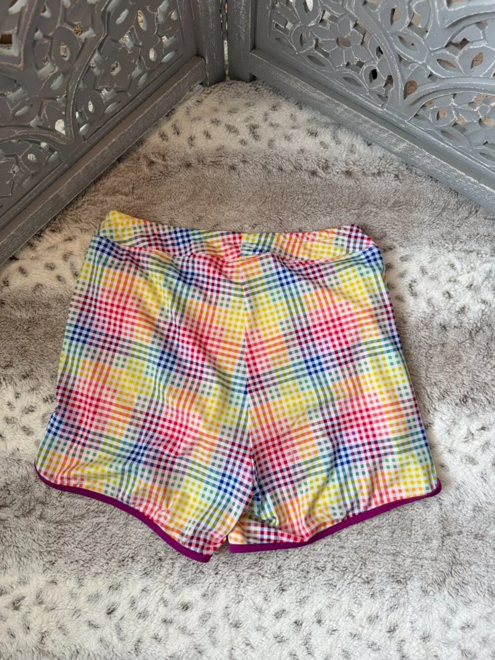 Lands' End rainbow plaid active shorts girls xlarge sporty athletic activewear